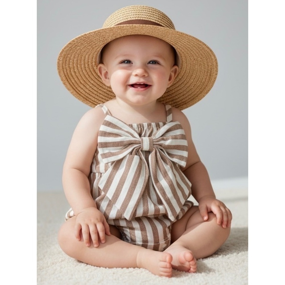 NEW Striped Tan White Size 6-9M Bow Front CottonRomper One Piece Sunsuit